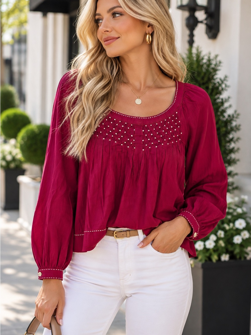 LOFT Burgundy Embroidered Pleated Blouse Long Sleeve Peasant Top Boho Tunic NWT